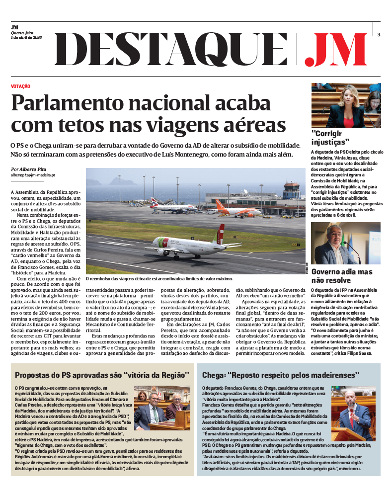 Acordo entre PS e Chega foi largamente noticiado na edição impressa do JM Madeira de 1 de abril de 2026.