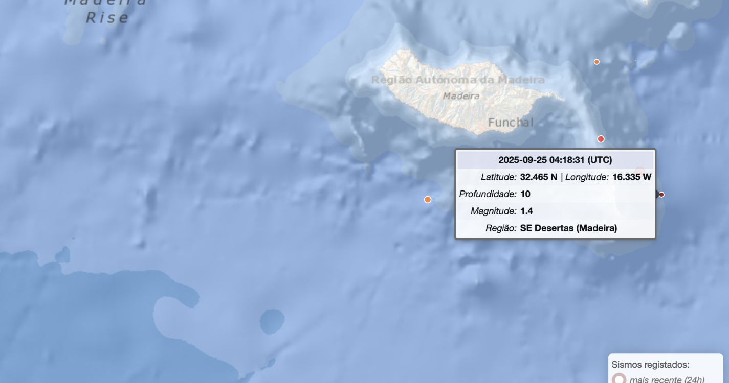 Mais um sismo registado às 04h18 na Madeira