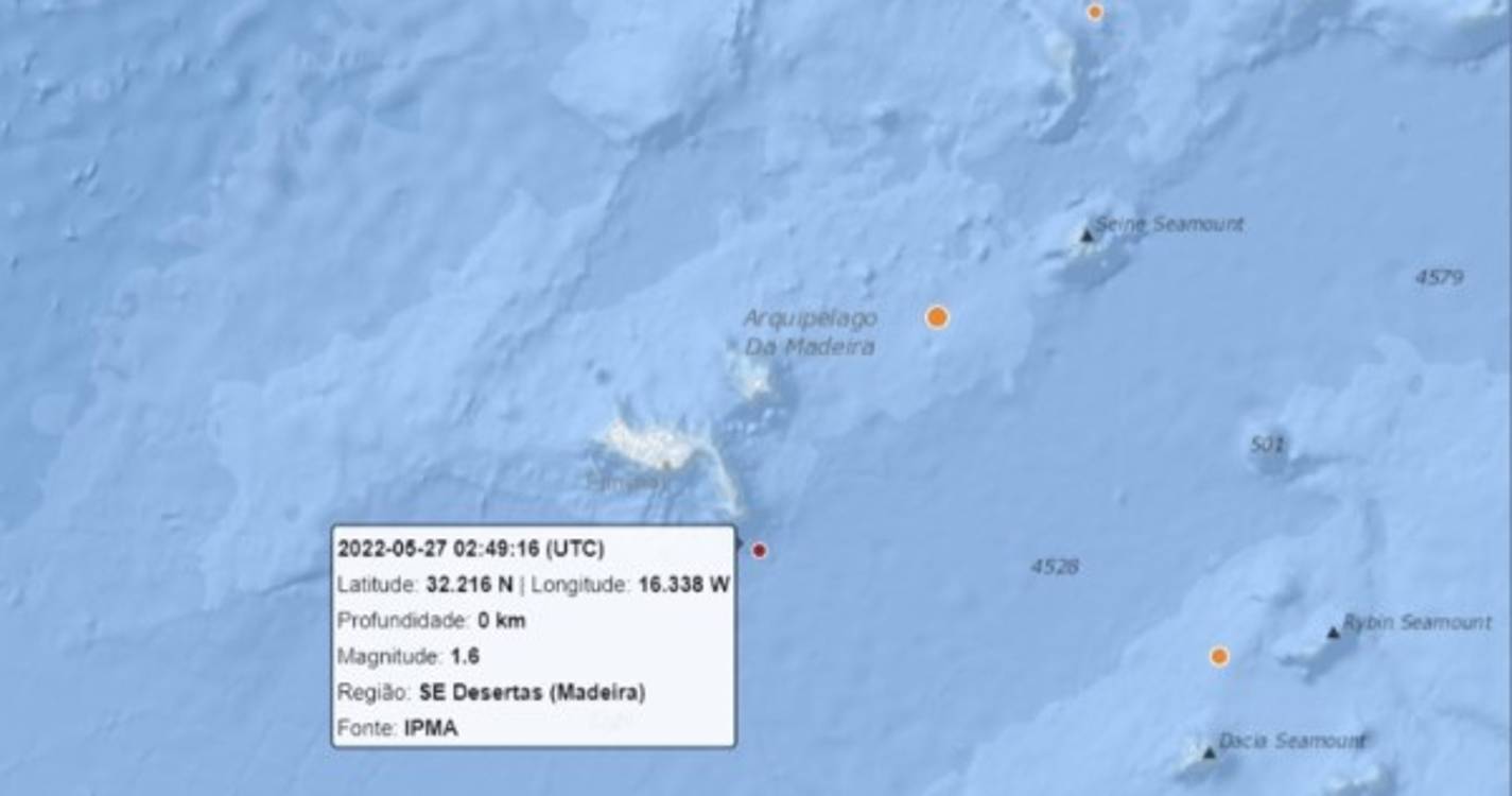 Sismo registado esta madrugada a sudeste das Desertas