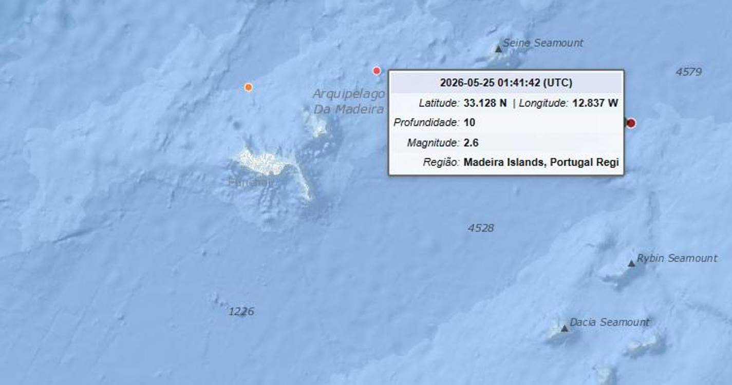 Sismo de magnitude 2,6 registado esta madrugada ao largo da Madeira