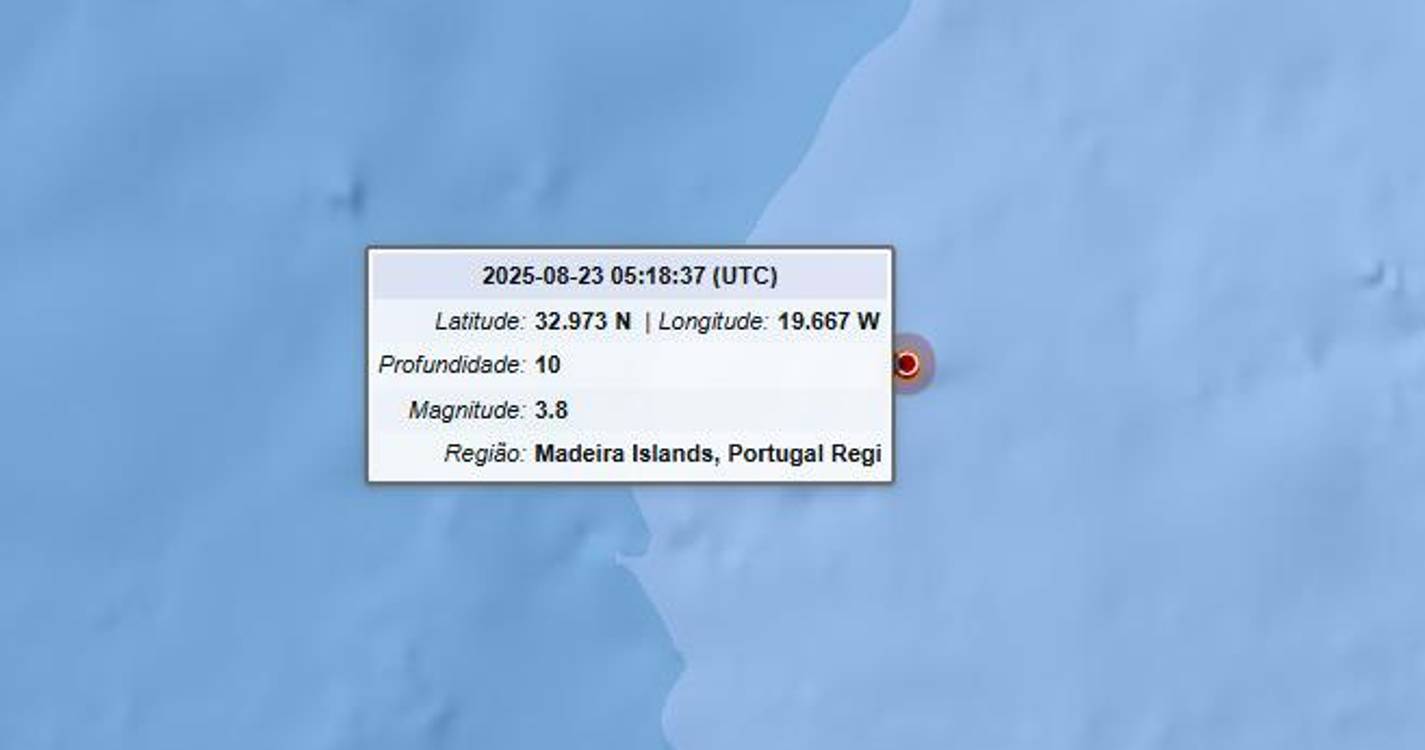 Sismo de 3.8 registado ao largo da Madeira