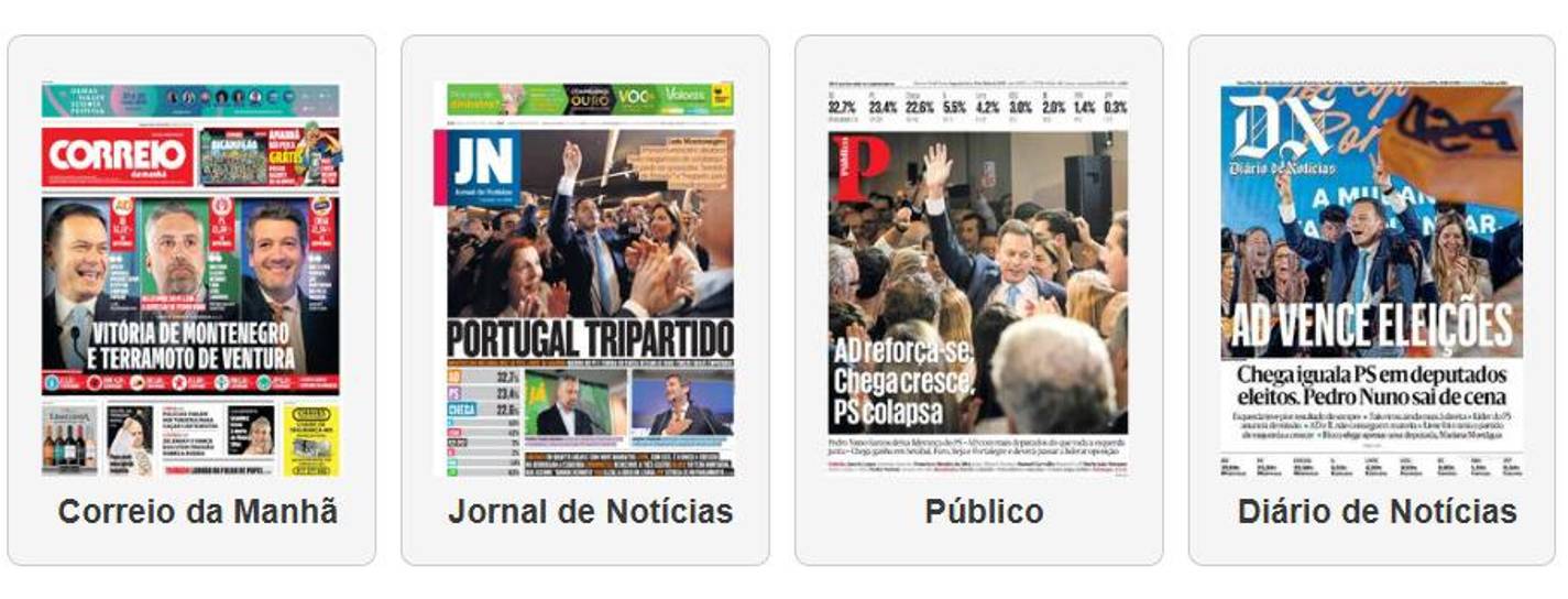 Legislativas: Jornais destacam hecatombe no PS e país a seguir tendência internacional