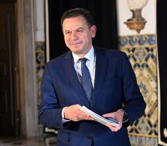LISBON, PORTUGAL - MARCH 12: Portuguese Prime Minister Luis Montenegro smiles as he approaches journalists on his way out after his first weekly meeting with President António José Seguro in Belem Presidential Palace on March 12, 2026 in Lisbon, Portugal. (Photo by Horacio Villalobos#Corbis/Corbis via Getty Images)