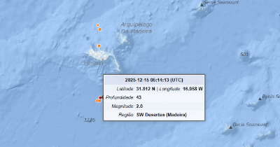 Sismo de magnitude 2.0 registado a sudoeste das Desertas