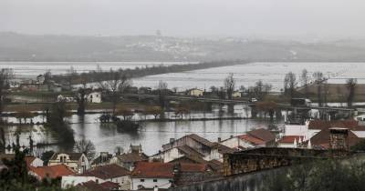 Vista geral de Montemor-o-Velho parcialmente inundada devido à subida das águas do Rio Mondego.