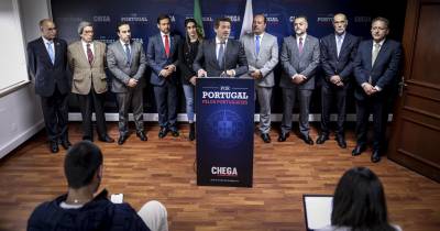 O presidente do Chega, André Ventura, apresenta o programa eleitoral do Chega na sede do partido, em Lisboa, 08 de fevereiro de 2024.