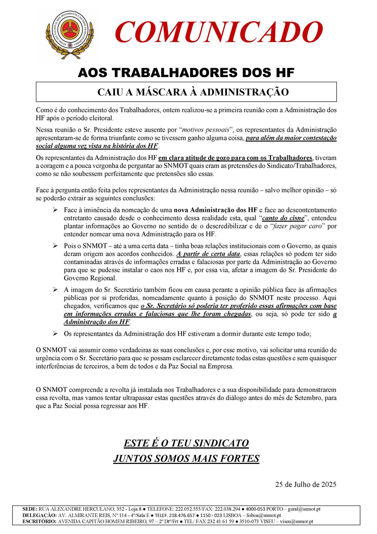 Regional Government maintains confidence in Horários do Funchal and accuses union of "inflexible stance"