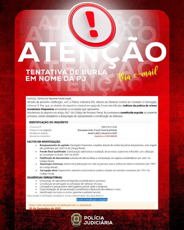 PJ alerta para falsas notificações por crimes económico-financeiros dirigidas a empresas