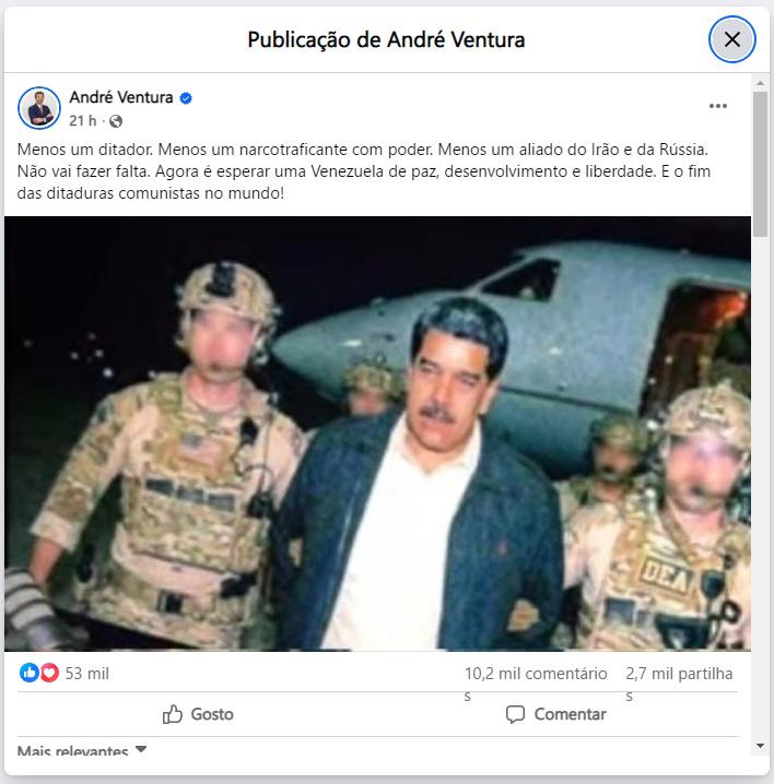 Captura de Maduro pelos EUA assinalada nas redes com fotos falsas e vídeos de arquivo