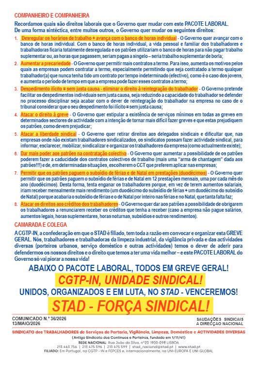 STAD apela a adesão à greve geral a 3 de junho na Madeira