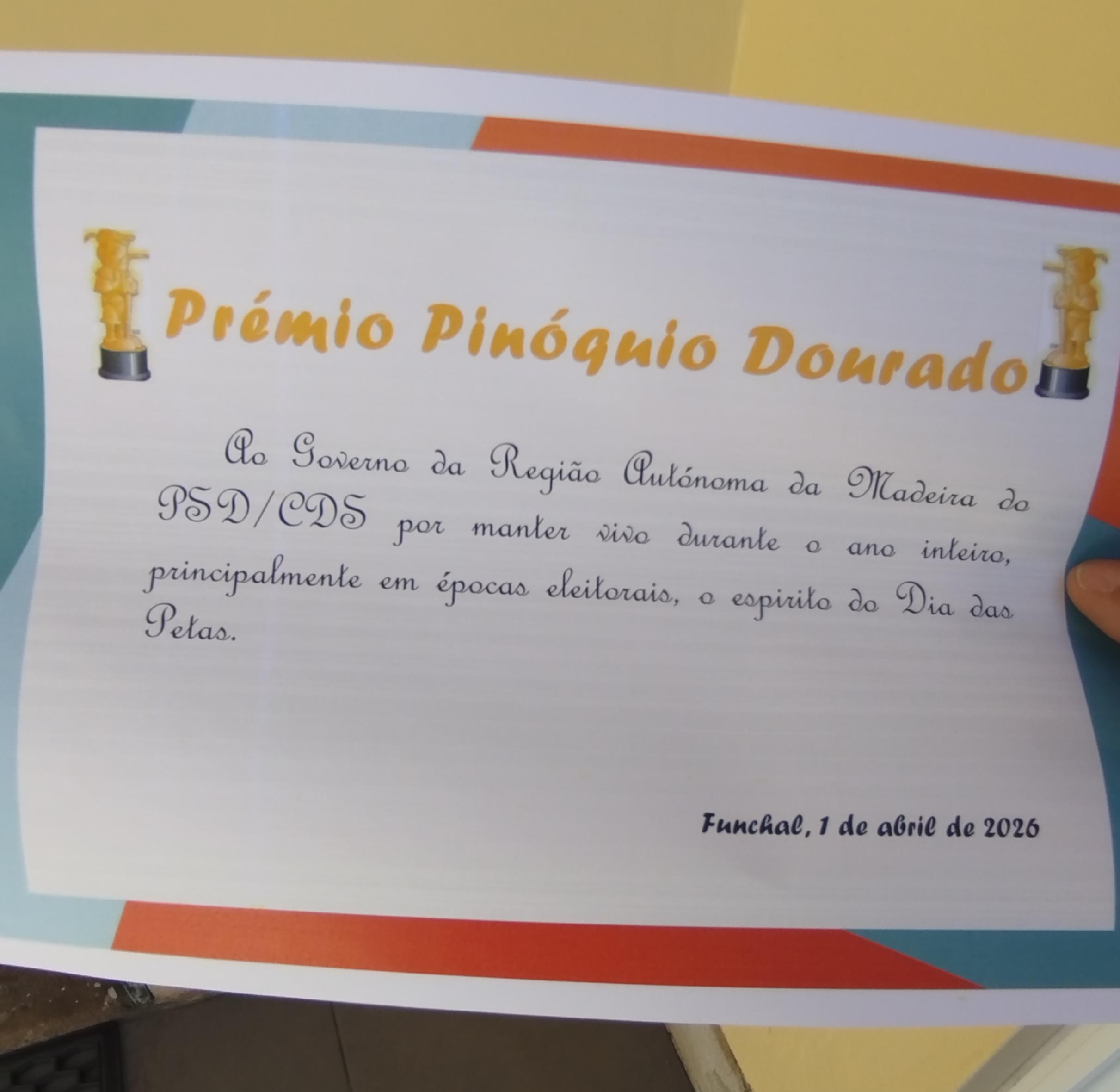 CDU atribui ‘Pinóquio Dourado’ ao Governo Regional no Dia das Petas