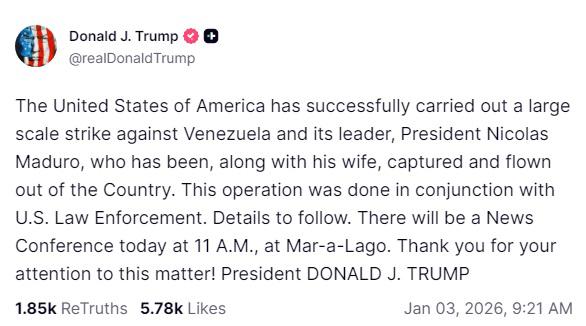 Trump diz que Maduro foi capturado e retirado da Venezuela